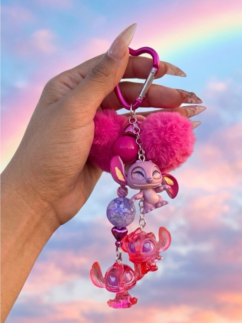 custom junk keychain 
Pink Plush Pom & Cartoon Charm Keychain